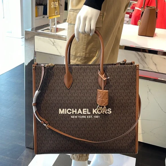 MICHAEL KORS Mirella Large Logo Tote Bag Dark Brown Signature NWT